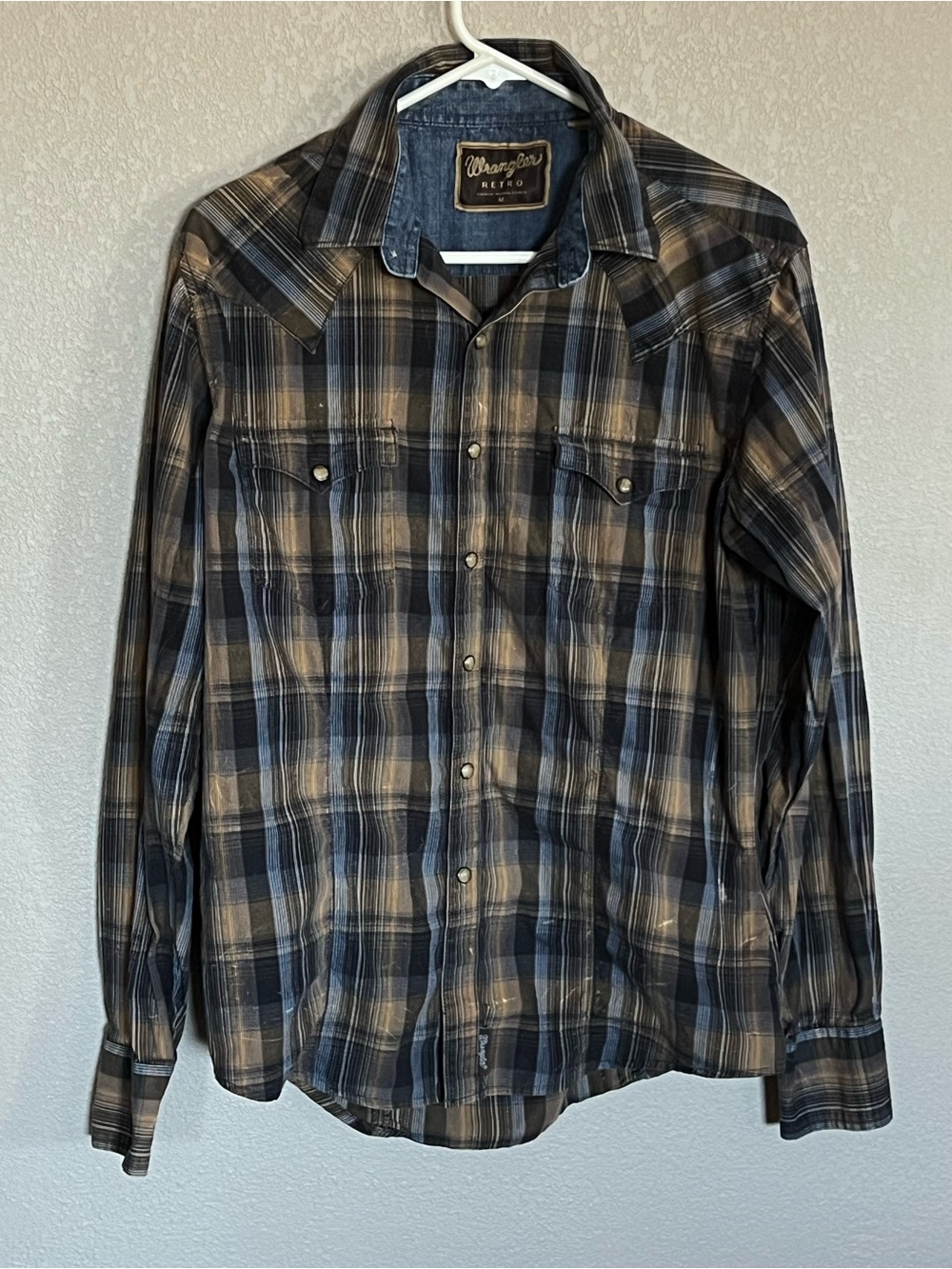 Wrangler Retro Men's Blue Plaid Western Shirt Brown Pearl Snap